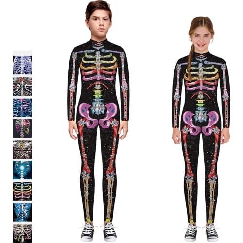 Kids Printed Jumpsuits Halloween Party Cosplay Costume Boys Girls Performace Stage Bodysuit Skeleton Fitness Romper Oversize