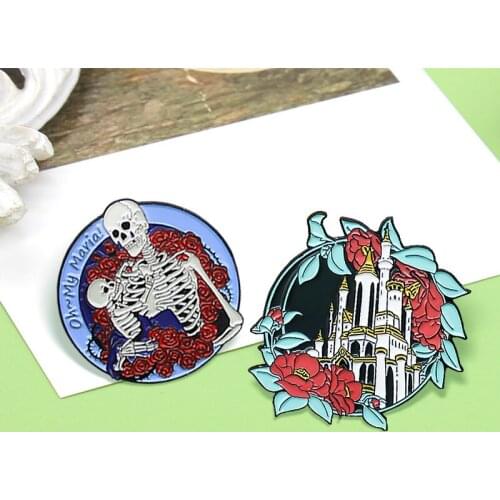 Punk Skeleton Castle Enamel Pin Custom Dark Oil painting Red Flower Rose Skull Castle Brooches Lapel Badge Jewelry Gift for Kids