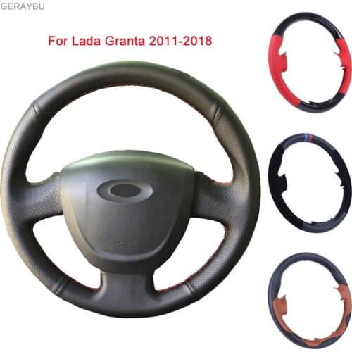 GERAYBU Custom DIY Black Leather Hand-sewn Car Steering Wheel Cover For Lada Granta 2011 2012 2013 2014 2015 2016 2017-2018