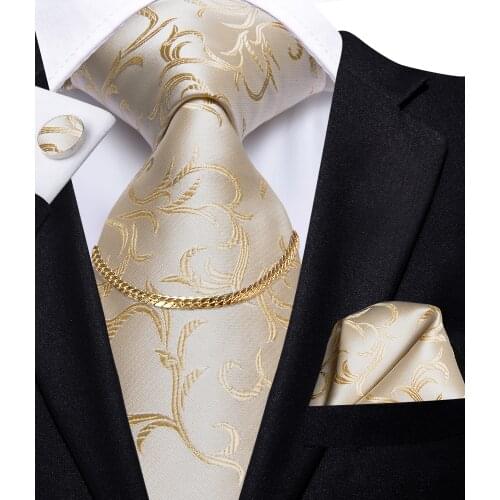 Hi-Tie Yellow New Design Tie Chain Luxury Cream Mens Ties Hanky Cufflinks Set Nickties Silk Fashion Gift For Men Wedding