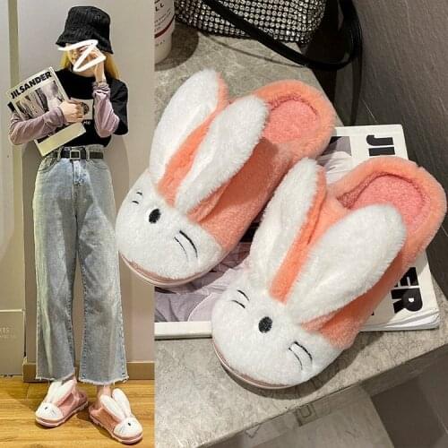 Autumn and Winter Cotton Slippers Female Cartoon Rabbit Ears New Womens Shoes Indoor and Outdoor Home Warm Slippers