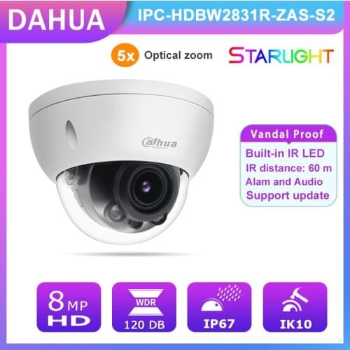 Dahua Varifocal 5X Optical Zoom 2.7-13.5mm IP Camera 8MP 4K IPC-HDBW2831R-ZAS-S2 IR 40m H.265 IP67 Vandal-proof Webcam Audio I/O