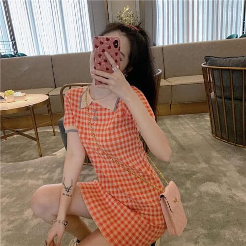 Niche Retro Poio Collar Plaid Korean Style Xiaoqing New High School Kidney Slim Slimming Short Sleeve Knitted Dress for Women