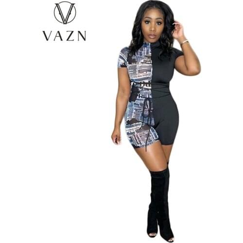 VAZN 2021 New Special Black Color Print Short Sleeve Bandage Young Sexy Soft Daily Simple High Waist Women Pencil Playsuits
