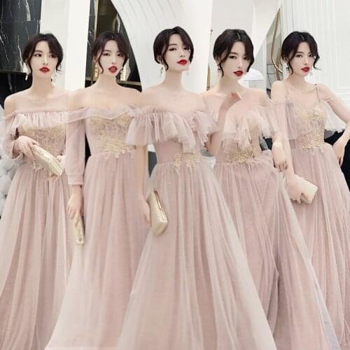 Bridesmaids Dress A-Line V-Neck Floor-Length Lace Tulle Spaghetti Straps Short Embroidery Sequined Women Wedding Party Gown E303