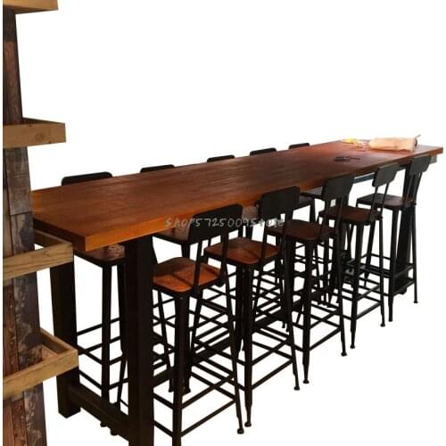 Nordic solid wood long table coffee shop bar counter by the wall high stool bar table wrought iron restaurant bar table and chai