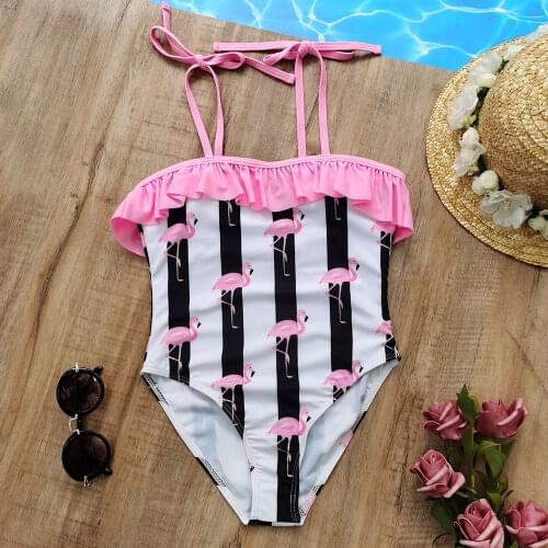 Flamingo&Stripe Girls One Piece Swimsuit Tie Shoulder Childrens Swimwear 5-12 Years Girls Bathing Suit Monokini Beachwear 2022