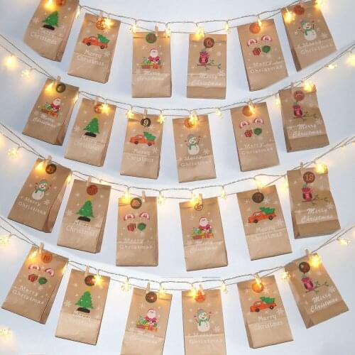 Vintage Christmas Santa Snowman Elk advent calendar DIY cartoon paper bag Creative cute Hanging Pendant with LED Luminous