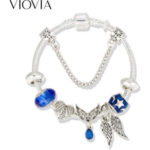 VIOVIA 2019 Charm Bracelet Bangles Beads of Feather Wing for Women Bransoletki Damskie Fit Original Bracelets Pulseira B19055