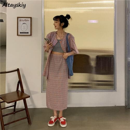 2 Piece Sets Women Summer Plaid Loose Fashion Vintage Elegant College Korean Style All-match Streetwear Holiday Lady Breathable
