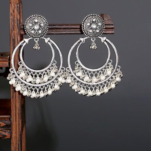 Retro Silver Coloe Round Indian Jewelry Jhumka Earrings For Women Orecchini Vintage Gypsy Pearl Beads Tassel Earrings