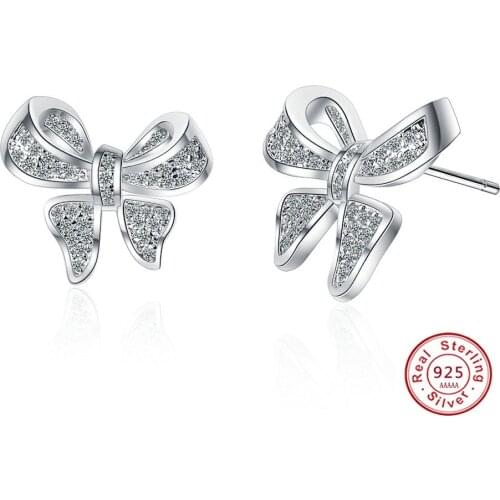 Newest Genuine 100% 925 Sterling Silver Sparkling Bow with Clear CZ Stud Earrings for Women Fashion Fresh Wedding Jewelry Gift