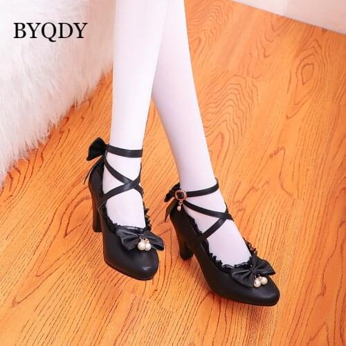 BYQDY Spring High Heels Woman Lotita Shoes Buckle Strap Female Pumps Bow Pearls Lace Shoes Hoof Heels Party Shoes Oversize 43