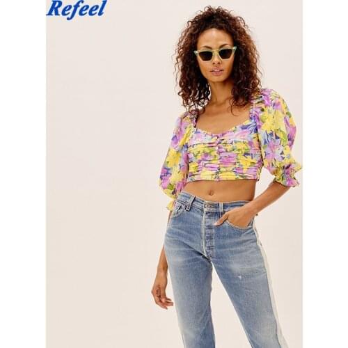 Vintage Multicolor Print Pleated Crop Top Women Sexy V Neck Puff Sleeve Holiday Boho Summer Tops Fashion blusas