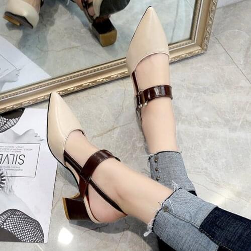 2019 spring hollow coarse sandals high-heeled shallow mouth pointed pumps shoes women Female sexy high heels large size mujer A