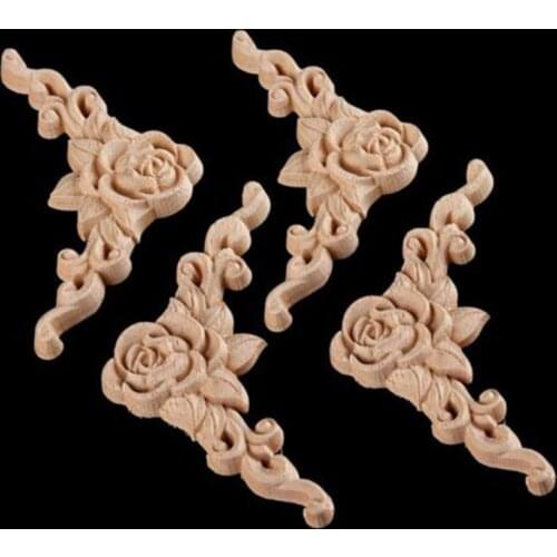 4Pcs 8X8cm Floral Wood Carved Decal Corner Applique Decorate Frame Wooden Figurines Cabinet Door Decorative Crafts
