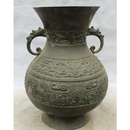 FREE SHIPPING S1923 12" Ancient Marked Chinese Dynasty palace Bronze Beast handle Pot Jar Crock Vase