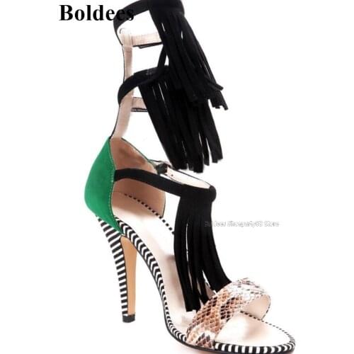 Fashion Mix Color Fringe Designer Thin High Heel Sandals Women Stripe Buckle Straps Summer Open Toe Dress Shoes