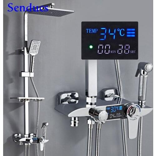 Digital Shower Set Senducs ABS Chrome Bathroom Mixer Faucets Quality ABS Rainfall Shower Head Chrome Thermostatic Shower System