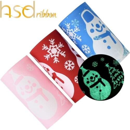 HSDRibbon 75MM 3 inch snowman Series Glow in the dark noctilucent glitter Printed on grosgrain ribbon free shipping