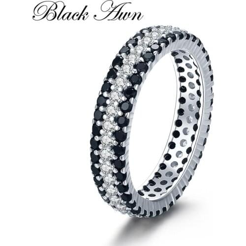 Classic 3.2g 925 Sterling Silver Fine Jewelry Bague Round Black Spinel Engagement Rings for Women Bijoux Femme C443