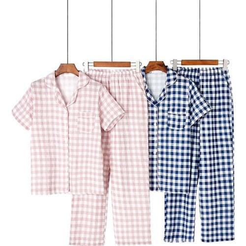 Summer Women Cotton Pajamas Sets 100% Gauze Cotton Plaid Short Sleeve Sleepwear Pijama Mujer Nightwear Ladies Pyjamas Homewear