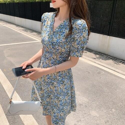Sexy V-neck Puff Sleeve Mini Dress Women Floral Elegant Summer Print Dresses Holiday Style Lace-up High Waist Femae Vestidos