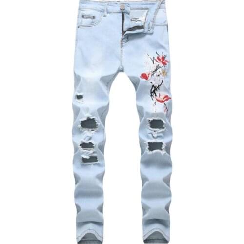 Mens Light Blue Ripped Jeans Rose Flower Embroidery Hole Stretch Denim Straight Jeans Destroyed Fashion Pants For Men size 40 42