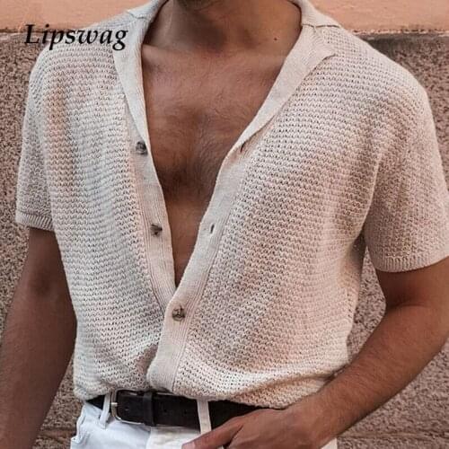 Autumn Casual Solid Khaki Knit Sweater Mens 2021 Spring Turn-down Collar Button Tops Male Fashion Long Sleeve Loose Shirt Jumper