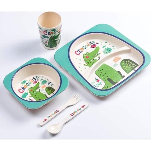 5pcs/set Bamboo Fiber Baby Dish Tableware Set Cartoon Fork Feeding Dishes for Childrens Kids Animal Bee Utensils with Cup Spoon