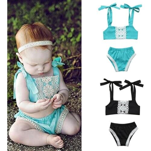 New Arrival 2 Pcs Pca Newborn Lace Stitching Swimsuit Suit Baby Lace-Up Sleeveless Lace Trim Boat Neck Top + Shorts 0-12 Months
