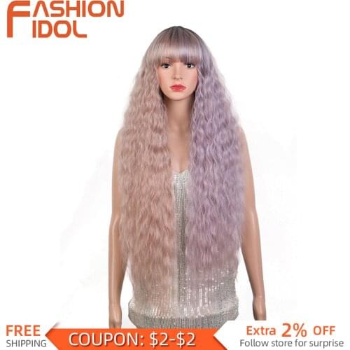 Ombre Pink Pueple Lolita Wigs With Bangs Cosplay Long Water Wave 36 Inches Hair Synthetic Blue Wig For White Women FASHION IDOL