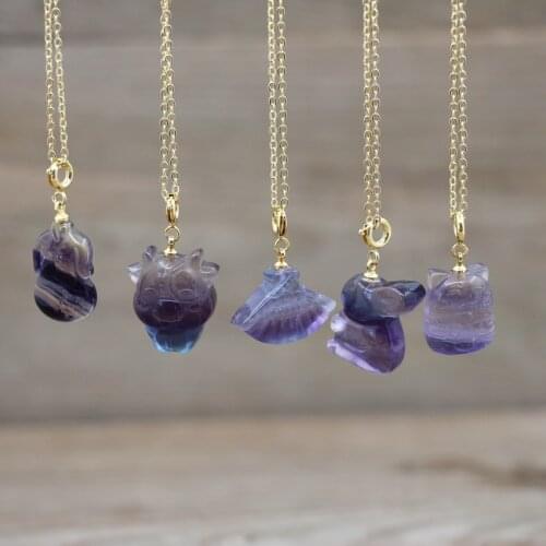Beautiful Rainbow Fluorite Carved Animal Pendants Gold Chains,Reiki Healing Quartz Chams Necklace Women Jewelry Dropship,QC3008