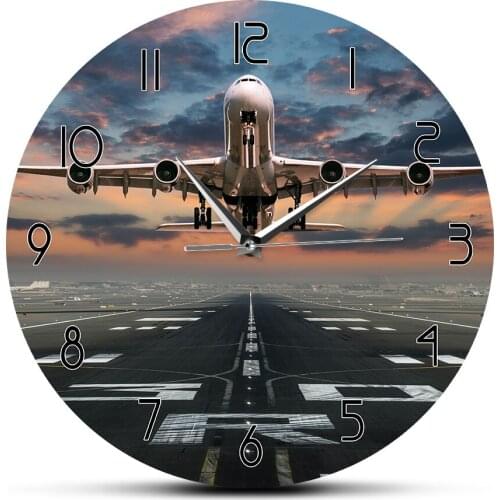 Airplane Taking Off Aviation Pilot Wall Clock Sunset Airplane Lawn Airport Aircraft Artwork Aviator Home Decor Silent Wall Watch