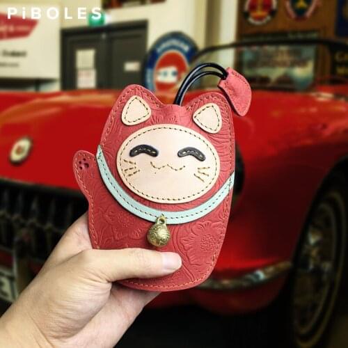 Splicing Lucky Cat Smart Key Holder Pocket Genuine Leather Housekeeper Key Keychain Keys Ring Portable Vintage Key Bag With Bell