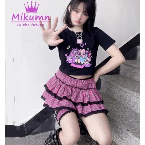 Gothic Lolita Pink Plaid Cake Skirts Japanese Harajuku Sweet Girl Punk High Waist Mini Kawaii Short Skirts Streetwear