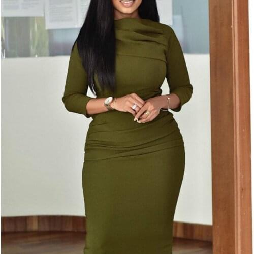 Women Army Green Dresses Elegant Bodycon Three Quarter Sleeve Pleat O Neck Office Ladies Fashion Robes Female Vestidos Work Wear