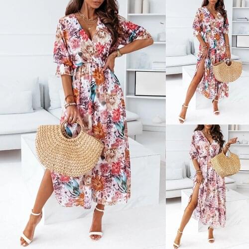 Half Short Sleeve Women Maxi Summer Dress Business Office Ol Ladies Split Sundress V Neck Flower Printed Fashion Dress D30