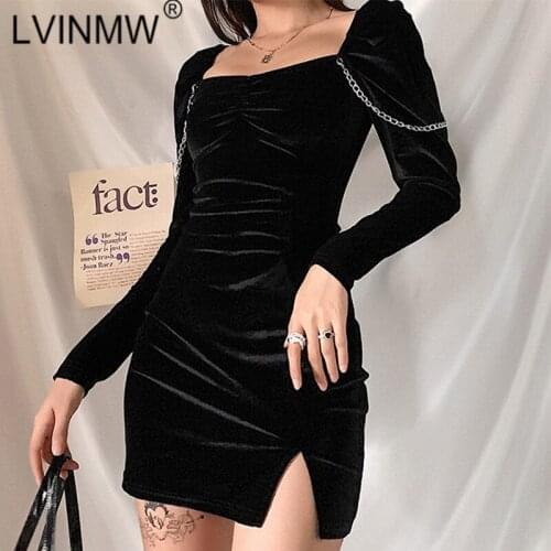 LVINMW Square Collar Puff Sleeve Metal Chain Elegant Dresses Women Side Split Pleated Slim Skinny Mini Dress Temperament Outfits
