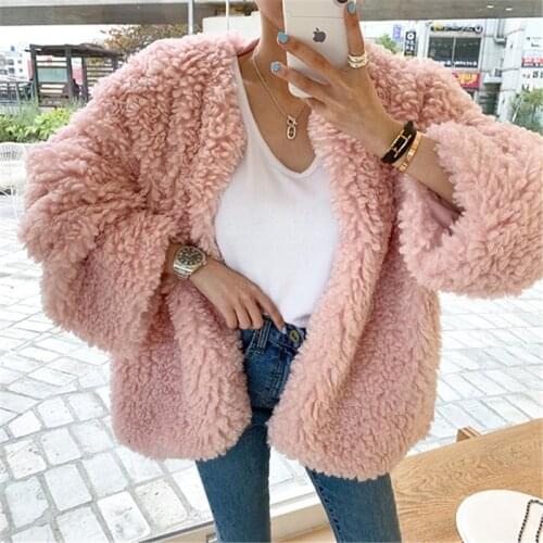 Womens Warm Coat Autumn Winter Loose Casual Sweet V-neck Thick Grain Plush Fleece Wide-sleeved Pink Or White Jackets Females