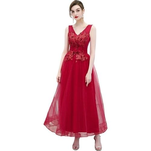 Robe De Soiree Fashion Wine Red V Neck Evening Dresses Luxury Sleeveless Embroidery Applique Evening Gown Bride Toast Dress