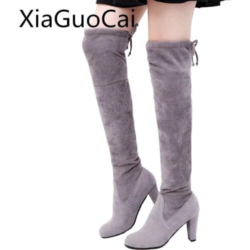 XiaGuoCai Winter Women Thigh High Boots Big Size 35-43 Female Long Boots Over-the-knee High Heels Stretch Fabric Boots Z475 35