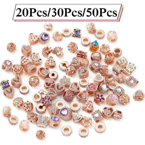 100Pcs Silver Plated Sparkling Rose Gold Charm Bead Pendant Fit Original Bracelet Necklace Jewelry Gift Mixed Random Delivery