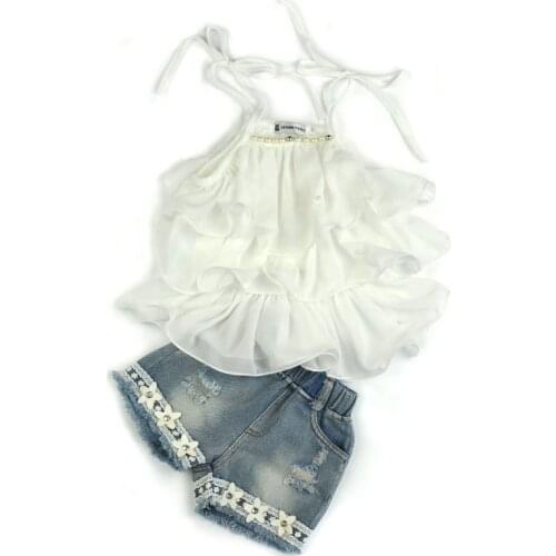 2019 Baby Girl Clothes set Summer Girls Suit Baby Girls Clothing White Camisole Top +Ripped Denim Shorts Children Clothing DC098