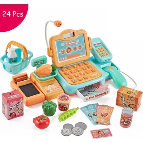 24Pcs Supermarket Checkout Counter Foods Goods Simulation Toys Kids Pretend Play Shopping Cash Register Set Toy For Girls Gift