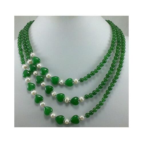 3 Rows 6mm green jade & 12mm green jade heart-shaped White Pearl Necklace 17“-19