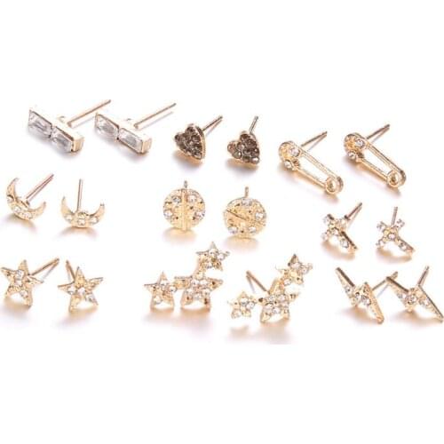 9Pcs Bohemian Cross Heart Stars Moon Gold Square Earring Honeymoon Crystal Stud Earrings Kit for Women Fashion Jewelry