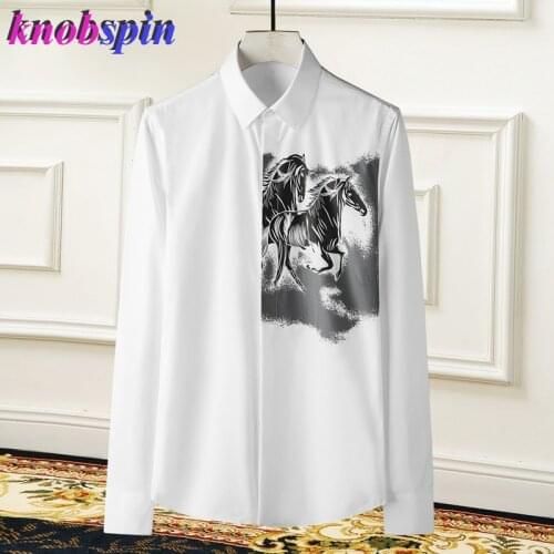 Brand Elements Popular Men Shirt Long-sleeve Slim Double Horse Printed Chemise homme High quality Business male Dress Shirts 4XL
