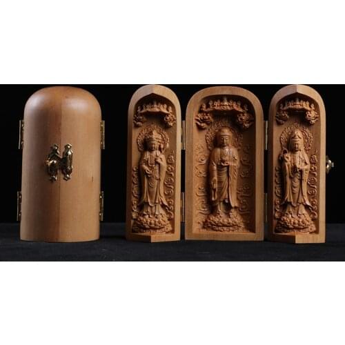 Buda Sandalwood Carving Home Feng Shui Home Decor Buddha Shrine Guanyin Statue Three Open Box Sculpture