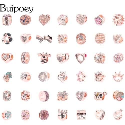 Buipoey 1pcs Rose Gold Heart Beads Charm Fit Bracelet & Necklace For Women Snake Bone Bracelet & Bangle Accessory Beaded